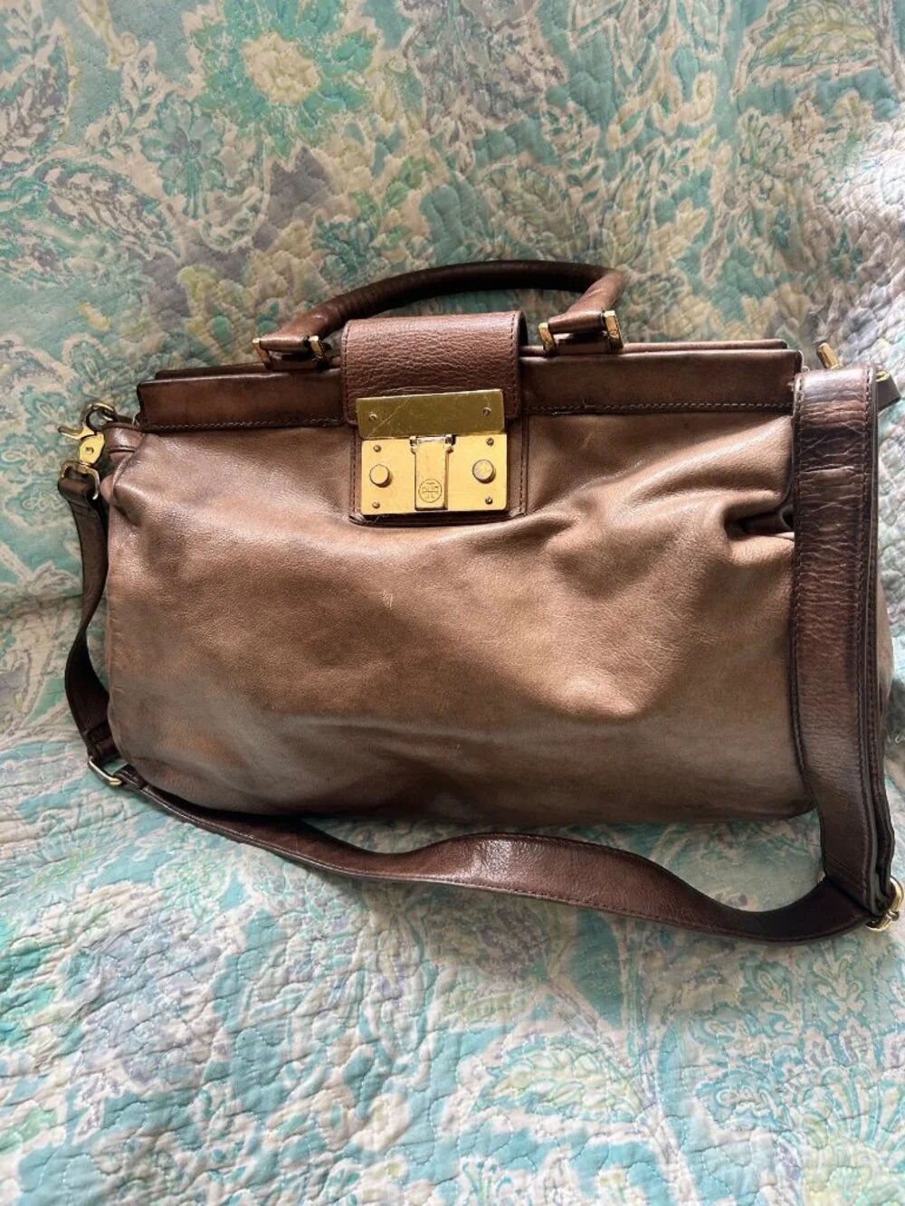 Tory Burch Large Brown Leather Double Handle Satchel Crossbody Bag